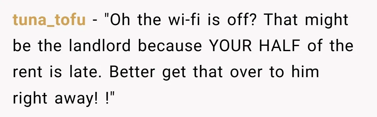 tuna_tofu − "Oh the wi-fi is off? That might be the landlord because YOUR HALF of the rent is late. Better get that over to him right away! !"