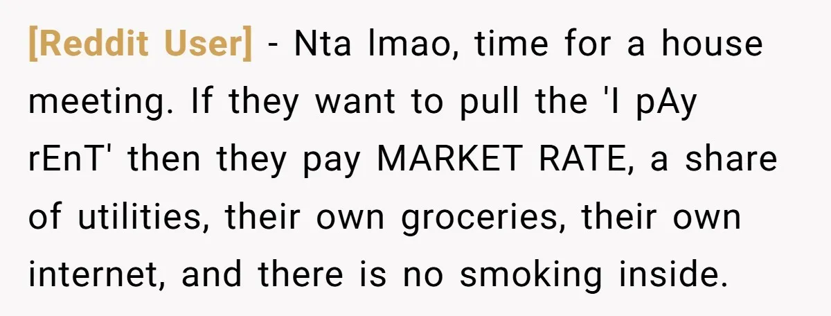 [Reddit User] − Nta lmao, time for a house meeting. If they want to pull the 'I pAy rEnT' then they pay MARKET RATE, a share of utilities, their own...