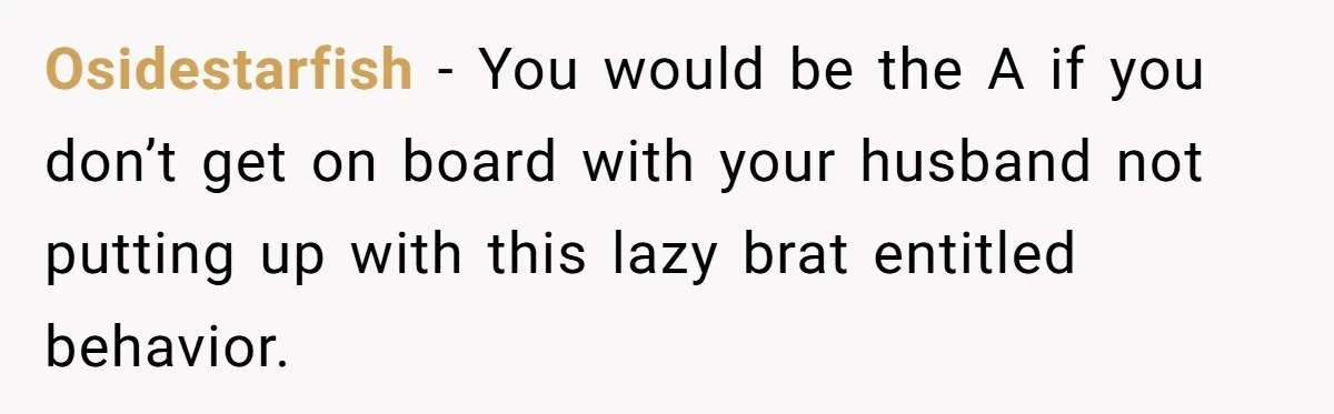 Osidestarfish − You would be the A if you don’t get on board with your husband not putting up with this lazy brat entitled behavior.