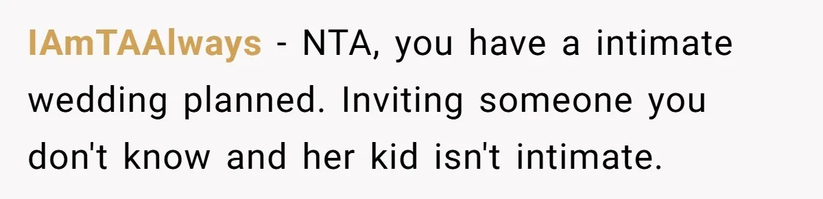 IAmTAAlways − NTA, you have a intimate wedding planned. Inviting someone you don't know and her kid isn't intimate.