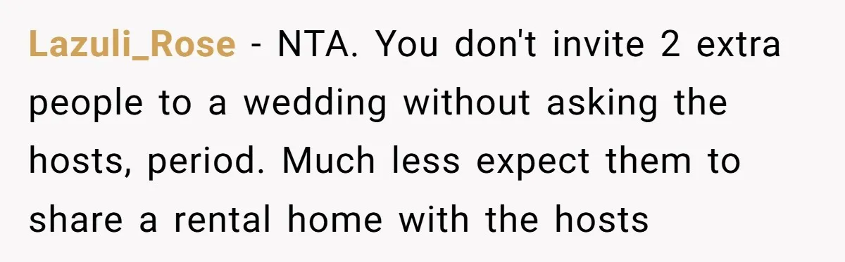 Lazuli_Rose − NTA. You don't invite 2 extra people to a wedding without asking the hosts, period. Much less expect them to share a rental home with the hosts