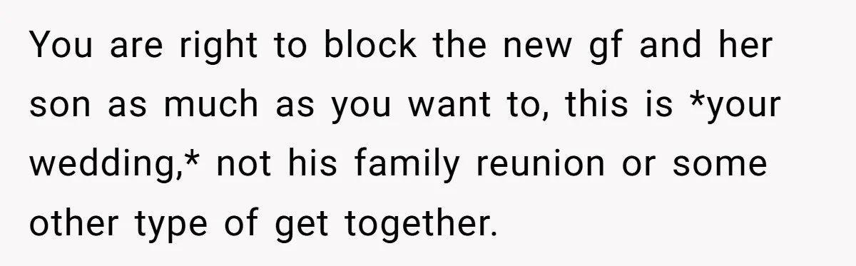 You are right to block the new gf and her son as much as you want to, this is *your wedding,* not his family reunion or some other type of...