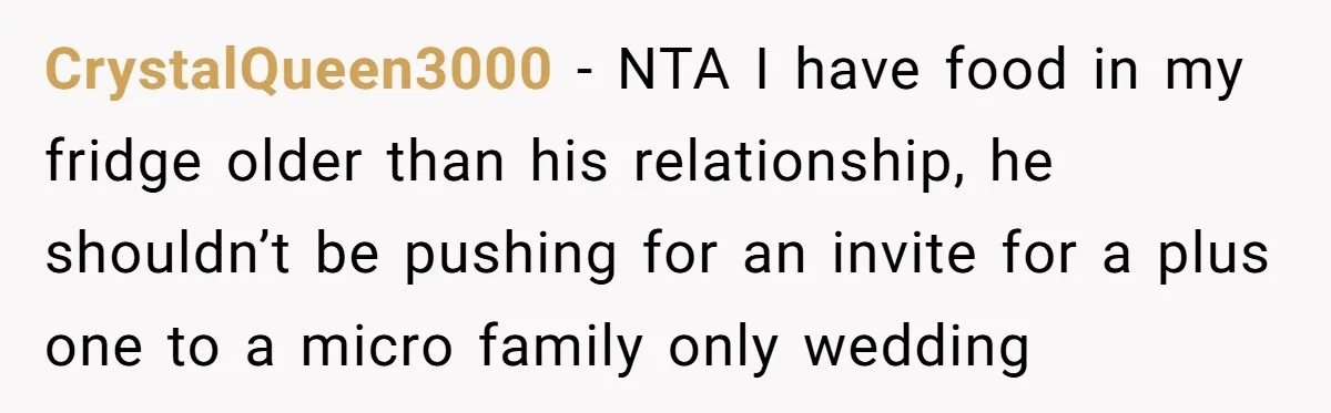 CrystalQueen3000 − NTA I have food in my fridge older than his relationship, he shouldn’t be pushing for an invite for a plus one to a micro family only wedding