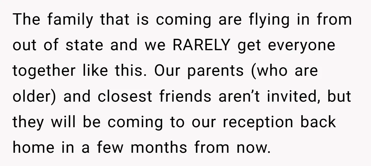 The family that is coming are flying in from out of state and we RARELY get everyone together like this. Our parents (who are older) and closest friends aren’t invited,...