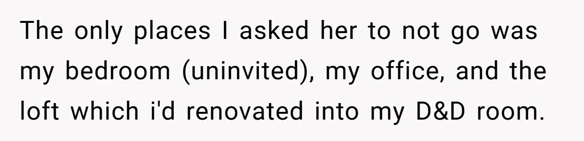 The only places I asked her to not go was my bedroom (uninvited), my office, and the loft which i'd renovated into my D&D room.