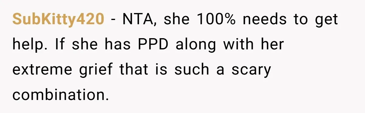 SubKitty420 − NTA, she 100% needs to get help. If she has PPD along with her extreme grief that is such a scary combination.
