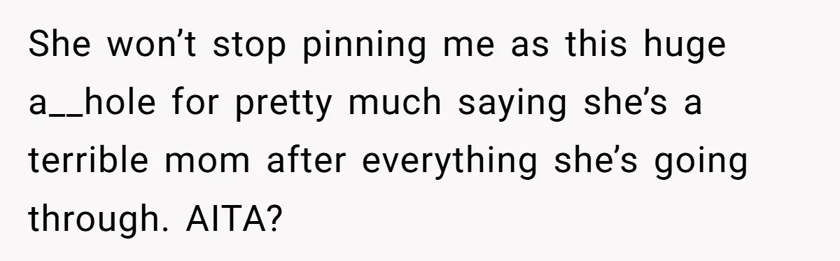She won’t stop pinning me as this huge a__hole for pretty much saying she’s a terrible mom after everything she’s going through. AITA?