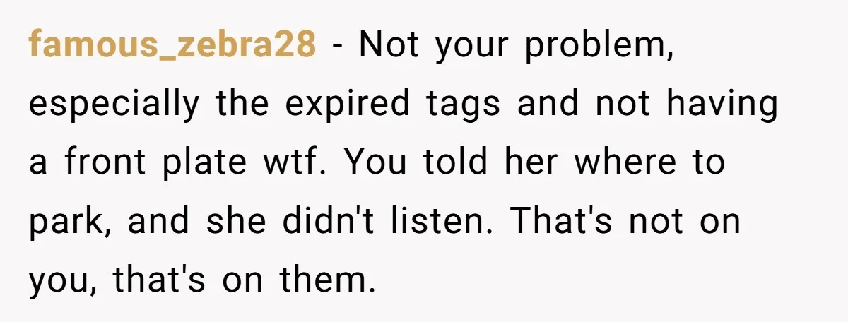 famous_zebra28 − Not your problem, especially the expired tags and not having a front plate wtf. You told her where to park, and she didn't listen. That's not on you,...