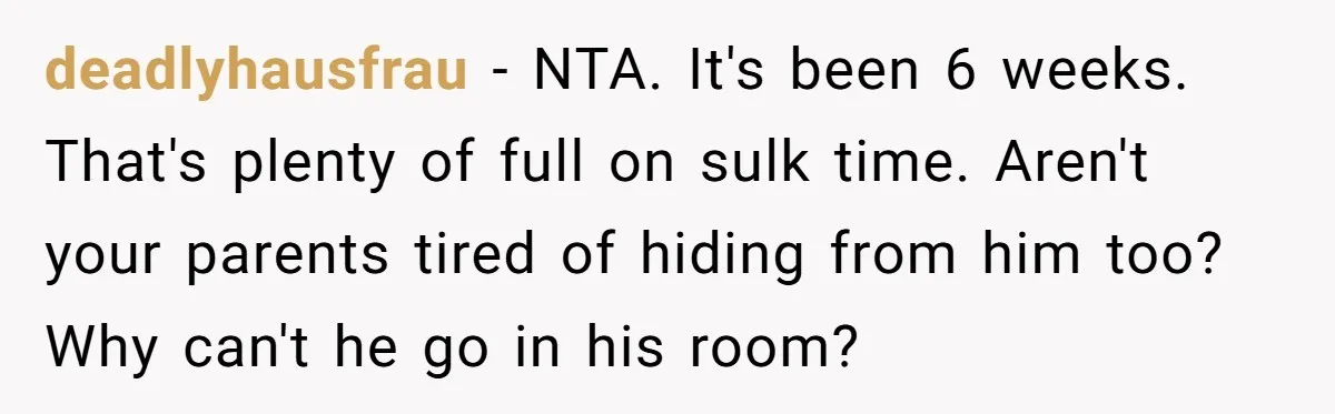 deadlyhausfrau − NTA. It's been 6 weeks. That's plenty of full on sulk time. Aren't your parents tired of hiding from him too? Why can't he go in his room?
