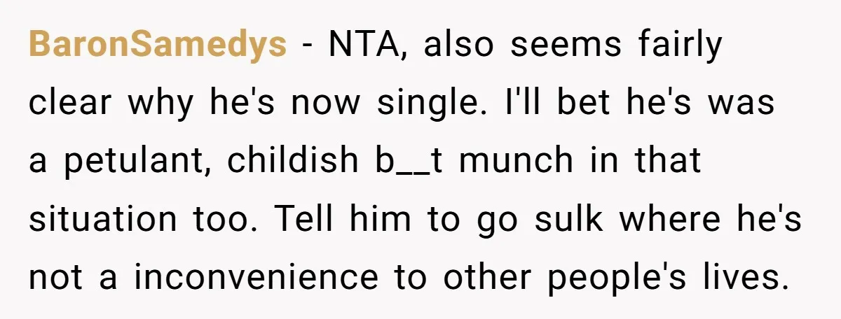 BaronSamedys − NTA, also seems fairly clear why he's now single. I'll bet he's was a petulant, childish b__t munch in that situation too. Tell him to go sulk where...