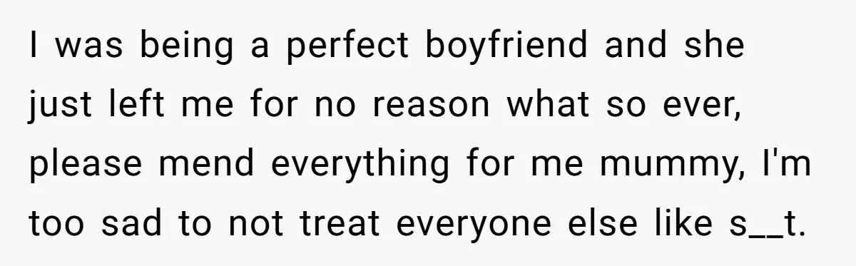 I was being a perfect boyfriend and she just left me for no reason what so ever, please mend everything for me mummy, I'm too sad to not treat everyone...