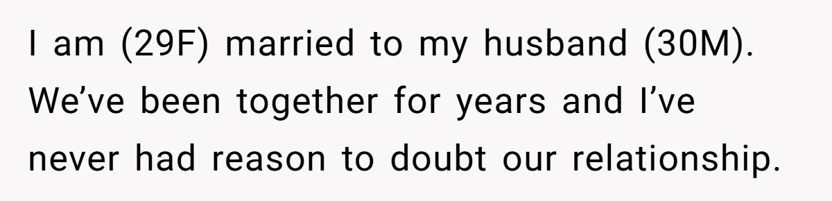 I am (29F) married to my husband (30M). We’ve been together for years and I’ve never had reason to doubt our relationship.