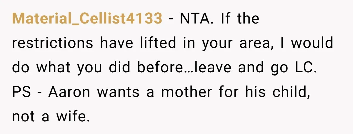 Material_Cellist4133 − NTA. If the restrictions have lifted in your area, I would do what you did before…leave and go LC. PS - Aaron wants a mother for his child,...