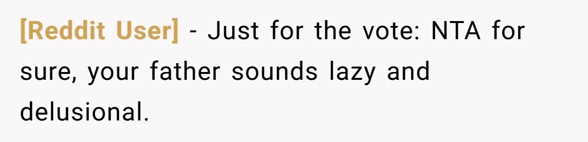 [Reddit User] − Just for the vote: NTA for sure, your father sounds lazy and delusional.