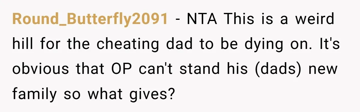 Round_Butterfly2091 − NTA This is a weird hill for the cheating dad to be dying on. It's obvious that OP can't stand his (dads) new family so what gives?