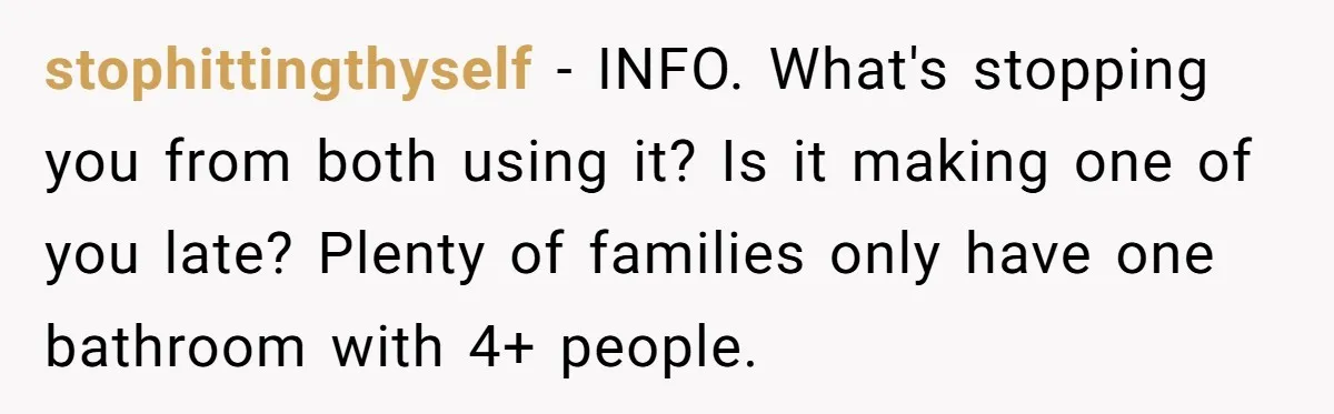stophittingthyself − INFO. What's stopping you from both using it? Is it making one of you late? Plenty of families only have one bathroom with 4+ people.