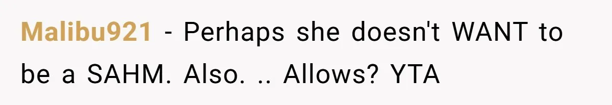 Malibu921 − Perhaps she doesn't WANT to be a SAHM. Also. .. Allows? YTA