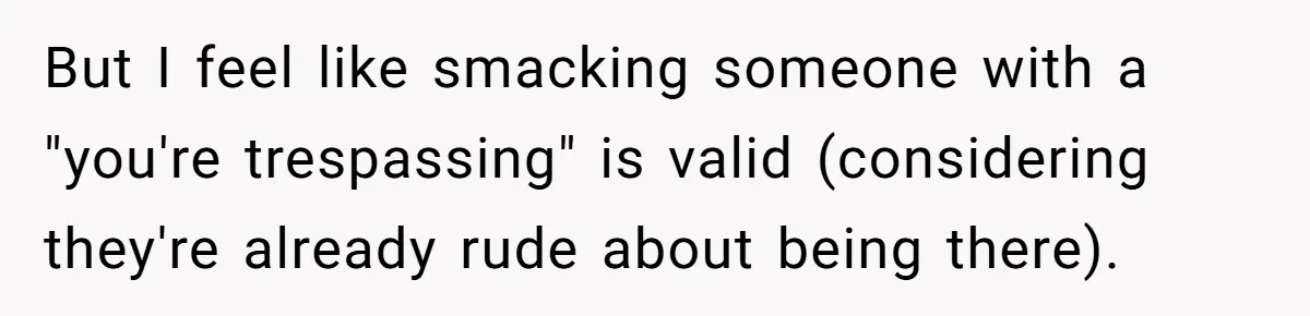 But I feel like smacking someone with a "you're trespassing" is valid (considering they're already rude about being there).
