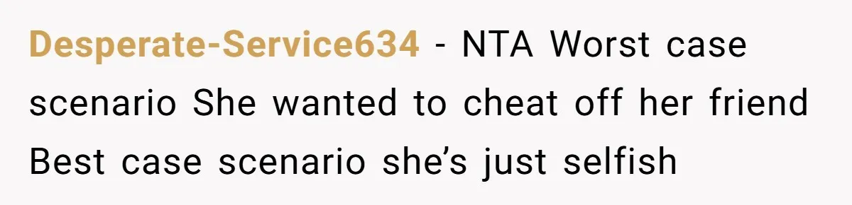 Desperate-Service634 − NTA Worst case scenario She wanted to cheat off her friend Best case scenario she’s just selfish