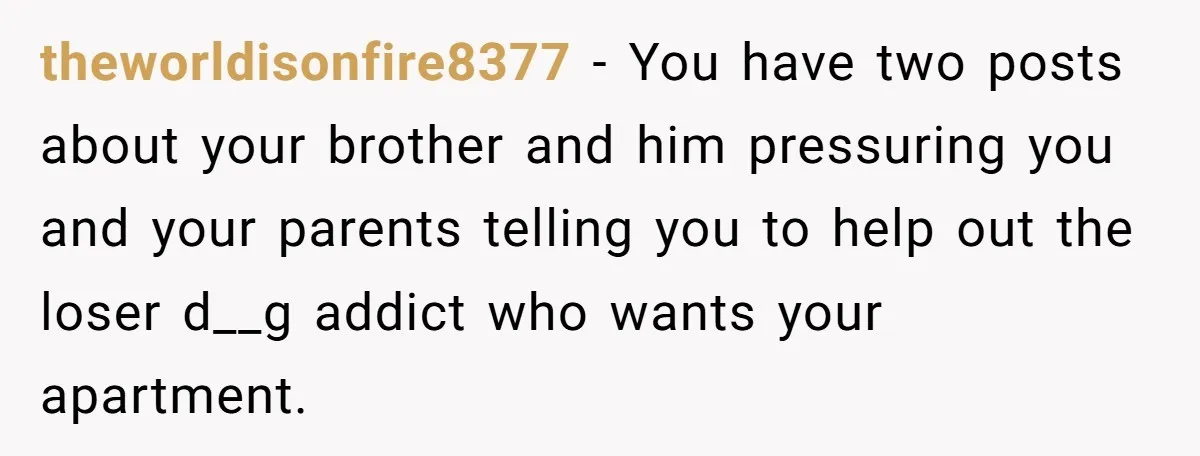 theworldisonfire8377 − You have two posts about your brother and him pressuring you and your parents telling you to help out the loser d__g addict who wants your apartment.