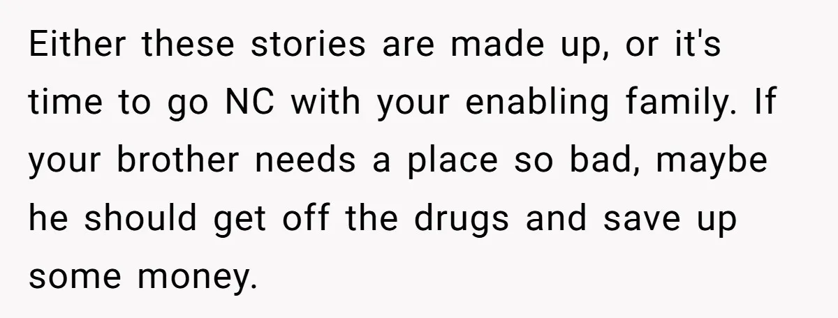 Either these stories are made up, or it's time to go NC with your enabling family. If your brother needs a place so bad, maybe he should get off the...
