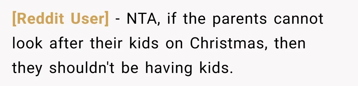 [Reddit User] − NTA, if the parents cannot look after their kids on Christmas, then they shouldn't be having kids.