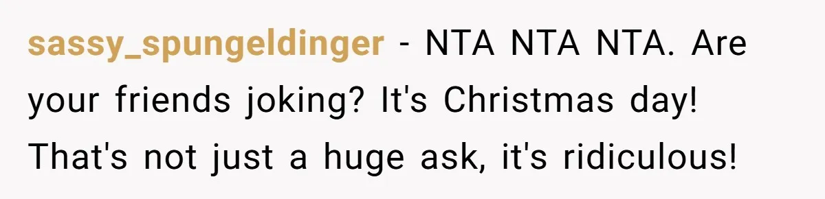 sassy_spungeldinger − NTA NTA NTA. Are your friends joking? It's Christmas day! That's not just a huge ask, it's ridiculous!