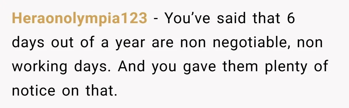 Heraonolympia123 − You’ve said that 6 days out of a year are non negotiable, non working days. And you gave them plenty of notice on that.