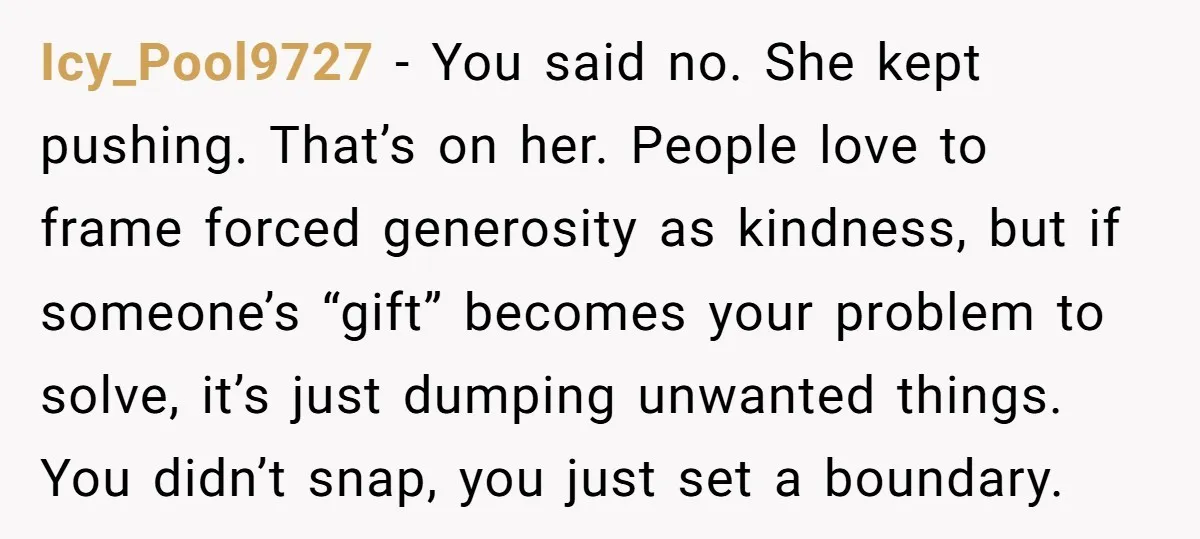 Icy_Pool9727 − You said no. She kept pushing. That’s on her. People love to frame forced generosity as kindness, but if someone’s “gift” becomes your problem to solve, it’s just...