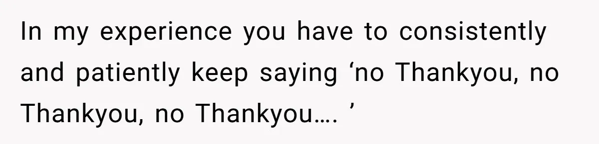 In my experience you have to consistently and patiently keep saying ‘no Thankyou, no Thankyou, no Thankyou…. ’