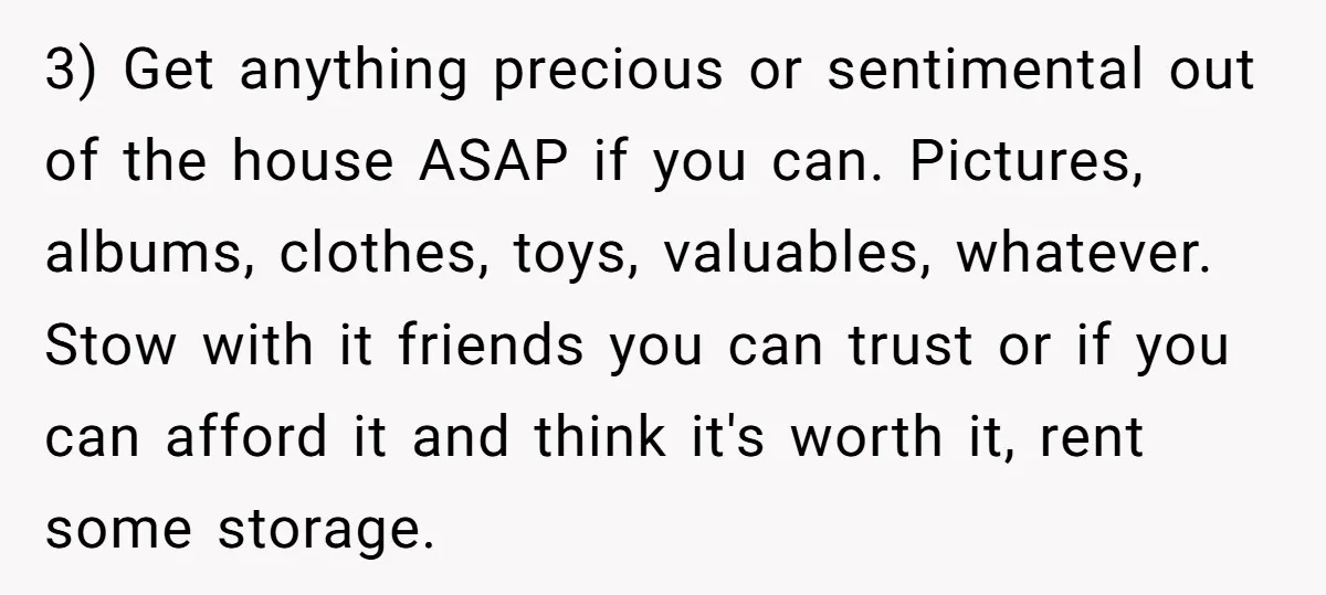 3) Get anything precious or sentimental out of the house ASAP if you can. Pictures, albums, clothes, toys, valuables, whatever. Stow with it friends you can trust or if you...