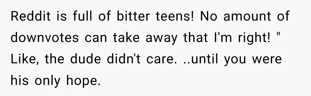 Reddit is full of bitter teens! No amount of downvotes can take away that I'm right! " Like, the dude didn't care. ..until you were his only hope.