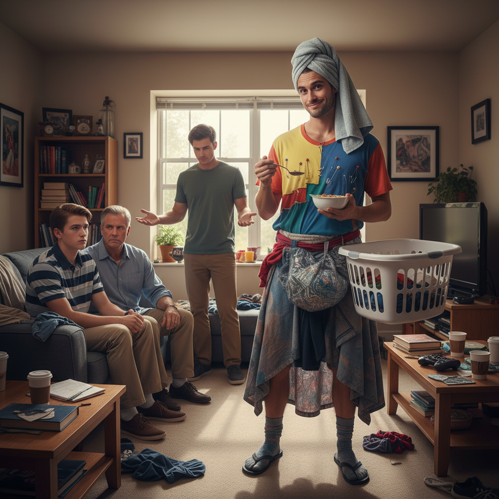 Roommate Demands Strict Dress Code for Visiting Brother, So This Guy Gets Creative With His Laundry Day Outfit