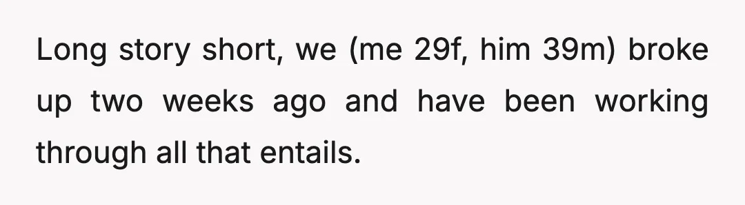 Long story short, we (me 29f, him 39m) broke up two weeks ago and have been working through all that entails.