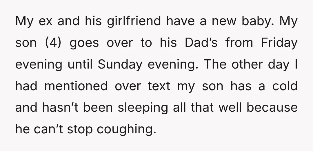 My ex and his girlfriend have a new baby. My son (4) goes over to his Dad’s from Friday evening until Sunday evening. The other day I had mentioned over...