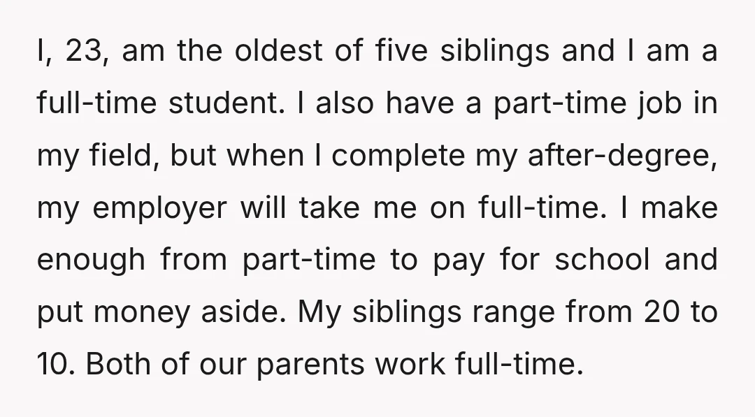 I, 23, am the oldest of five siblings and I am a full-time student. I also have a part-time job in my field, but when I complete my after-degree, my...