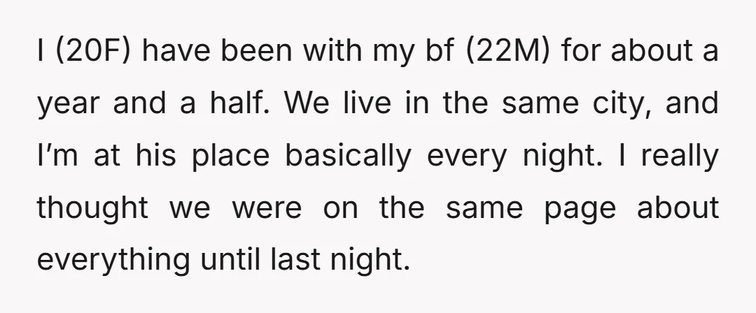 I (20F) have been with my bf (22M) for about a year and a half. We live in the same city, and I’m at his place basically every night. I...
