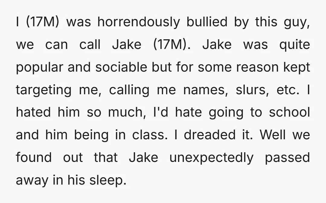 I (17M) was horrendously bullied by this guy, we can call Jake (17M). Jake was quite popular and sociable but for some reason kept targeting me, calling me names, slurs,...