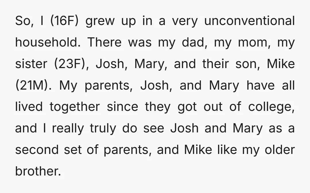 So, I (16F) grew up in a very unconventional household. There was my dad, my mom, my sister (23F), Josh, Mary, and their son, Mike (21M). My parents, Josh, and...