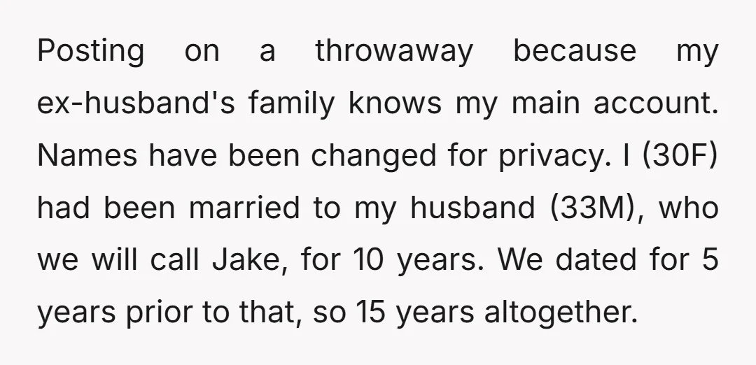 Posting on a throwaway because my ex-husband's family knows my main account. Names have been changed for privacy. I (30F) had been married to my husband (33M), who we will...