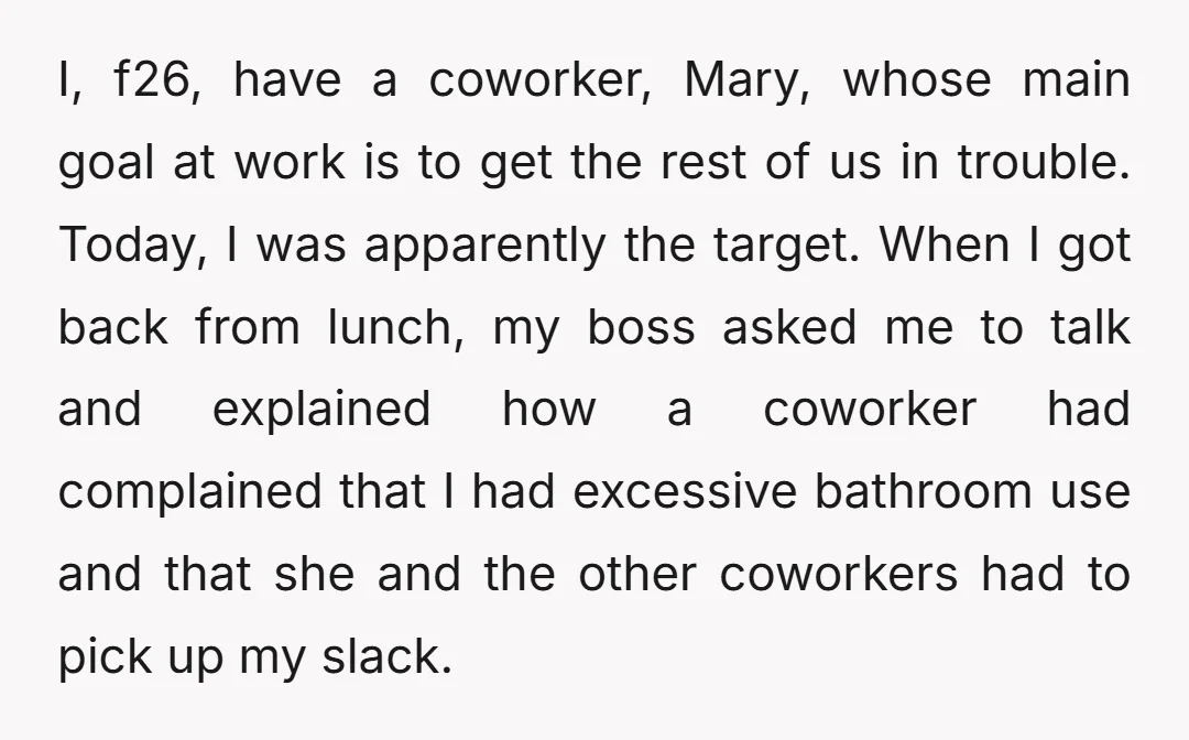 I, f26, have a coworker, Mary, whose main goal at work is to get the rest of us in trouble. Today, I was apparently the target. When I got back...