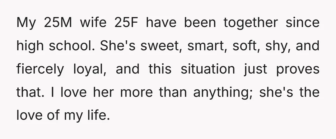 My 25M wife 25F have been together since high school. She's sweet, smart, soft, shy, and fiercely loyal, and this situation just proves that. I love her more than anything;...