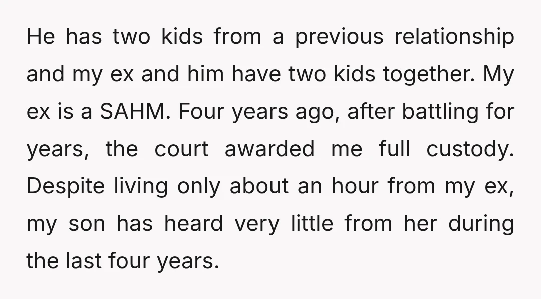 He has two kids from a previous relationship and my ex and him have two kids together. My ex is a SAHM. Four years ago, after battling for years, the...