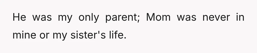 He was my only parent; Mom was never in mine or my sister's life.
