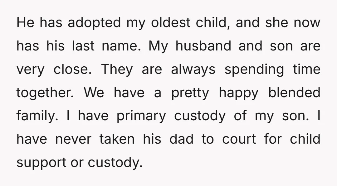 He has adopted my oldest child, and she now has his last name. My husband and son are very close. They are always spending time together. We have a pretty...