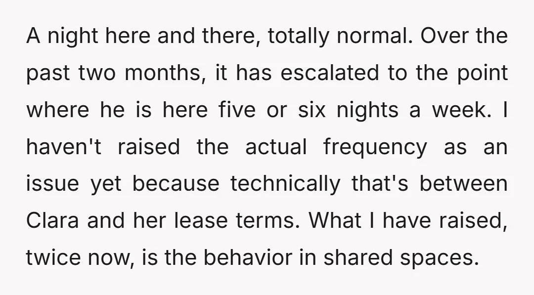 A night here and there, totally normal. Over the past two months, it has escalated to the point where he is here five or six nights a week. I haven't...