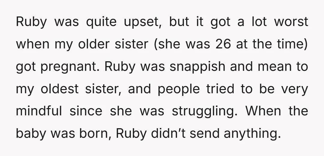 Ruby was quite upset, but it got a lot worst when my older sister (she was 26 at the time) got pregnant. Ruby was snappish and mean to my oldest...