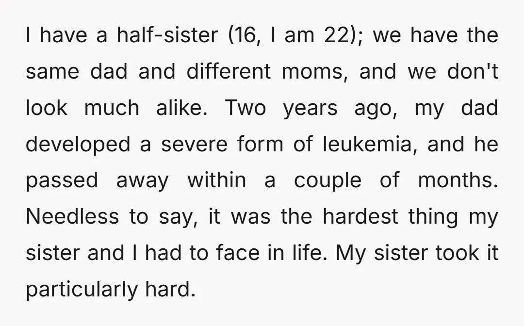 I have a half-sister (16, I am 22); we have the same dad and different moms, and we don't look much alike. Two years ago, my dad developed a severe...