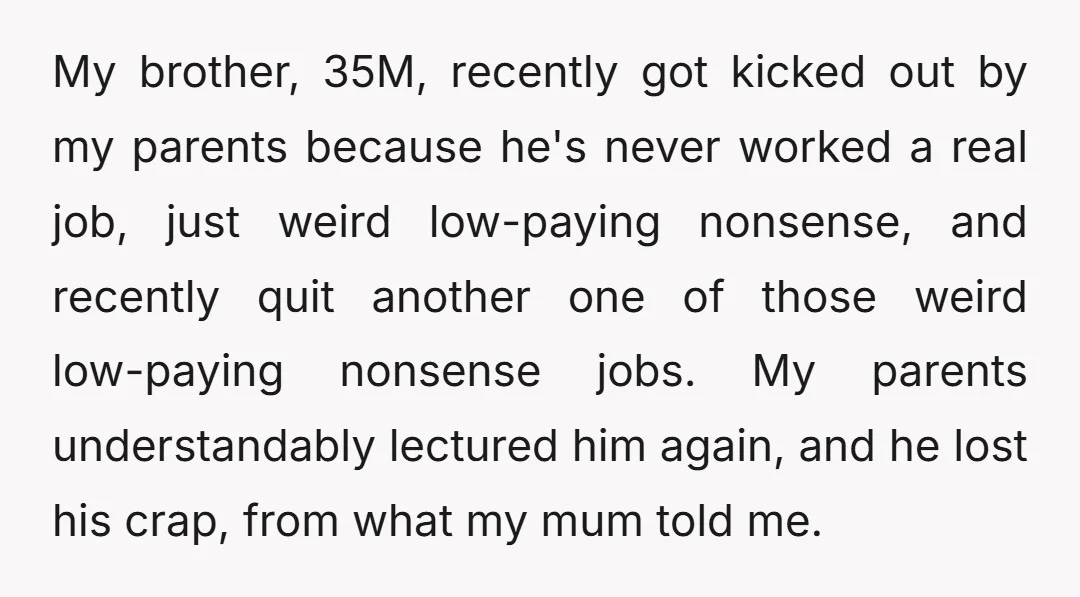 My brother, 35M, recently got kicked out by my parents because he's never worked a real job, just weird low-paying nonsense, and recently quit another one of those weird low-paying...