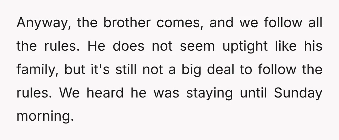 Anyway, the brother comes, and we follow all the rules. He does not seem uptight like his family, but it's still not a big deal to follow the rules. We...